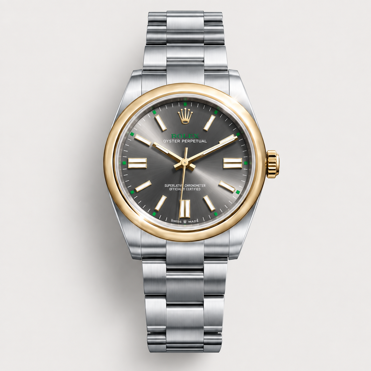 Rolex Oyster Perpetual – Grey Dial with Yellow Gold Bezel
